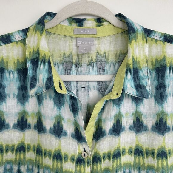 Chicos 100% Linen Shirt No Iron 4 Sz 20 Watercolor Button up Blouse 3/4 Sleeve - Picture 4 of 10